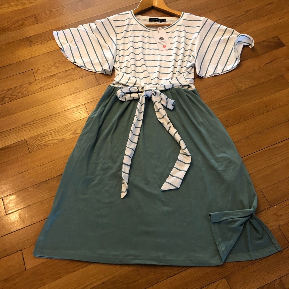 NWT Striped Ruffle Sleeves Tie Waist Pockets Casual Swing Midi Dress - Picture 4 of 5